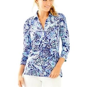 LN Lilly Pulitzer Ansley Blue Go Animals Print Polo Henley Top - S
